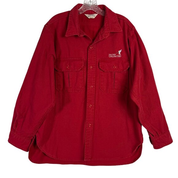 Cabelas Ducks Unlimited Red Denim Shirt Mens L Distressed Button Up Long Sleeve - Picture 1 of 14